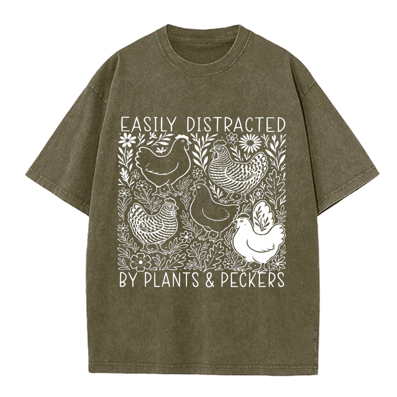 Easily Distracted By Plants and Peckers Washed Crew Neck T-Shirt