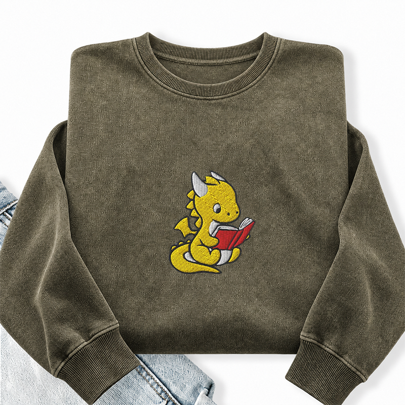 Embroidered Dragon Reading Books Washed Crewneck Sweatshirt