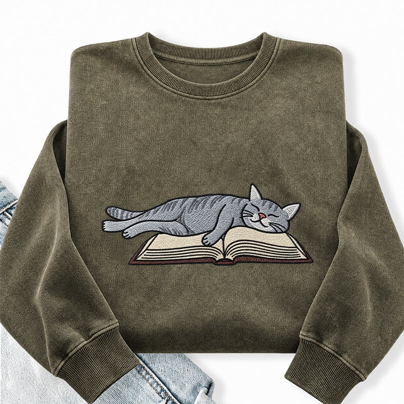 Embroidered Cat Sleeping On Book Washed Crewneck Sweatshirt