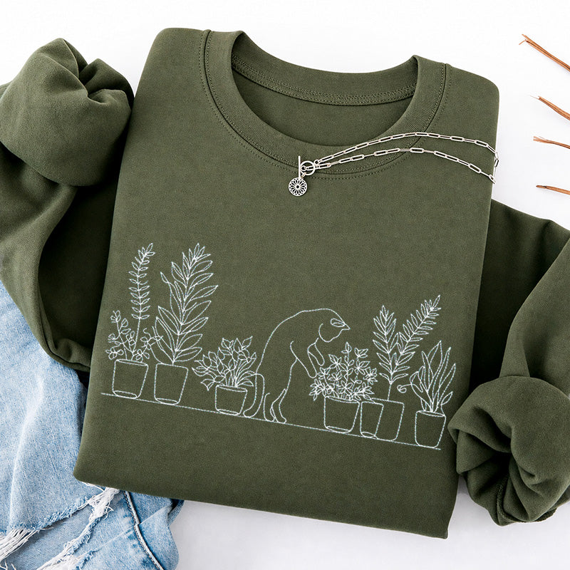 Embroidered Cat and Plant Lover Classic Crewneck Sweatshirt