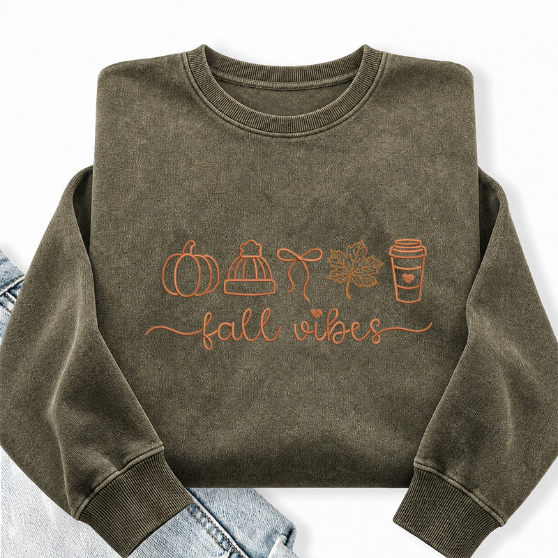 Embroidered Fall Vibes Washed Crewneck Sweatshirt