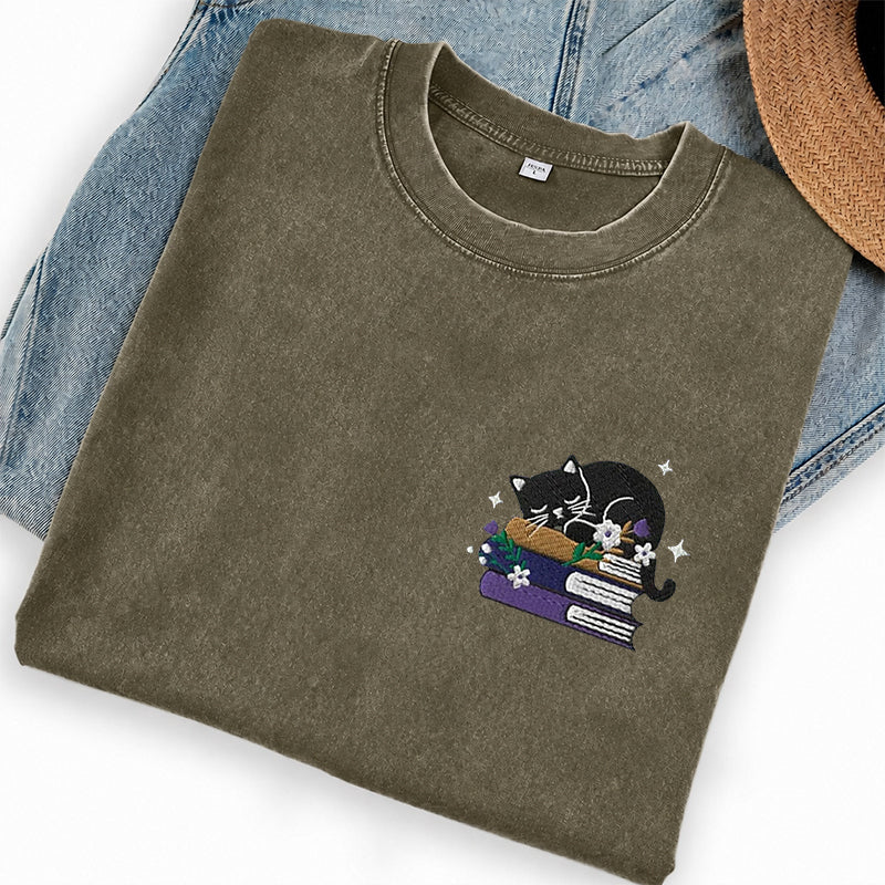 Embroidered Black Cat Floral Book Washed Crew Neck T-Shirt
