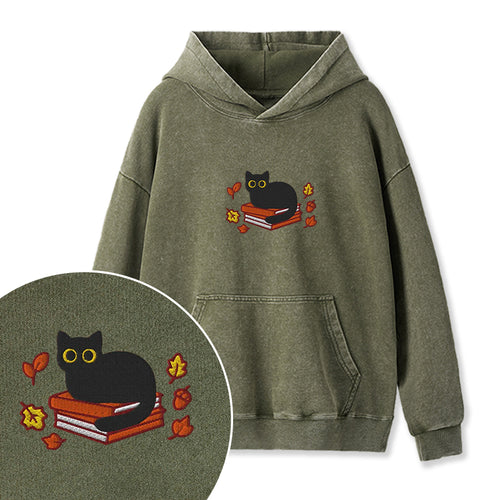 Embroidered Autumn Black Cat Book Washed Hoodie