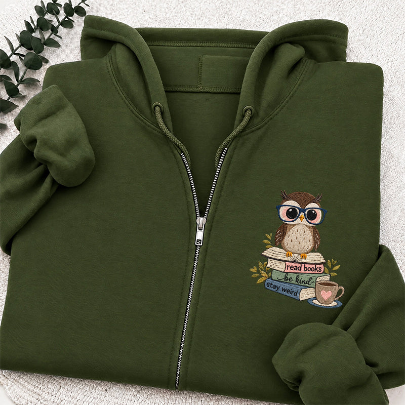 Embroidered Read Books Be Kind Owl Classic Full Zip Hoodie