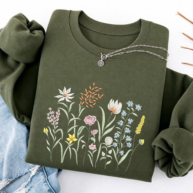 Embroidered Cute Wildflowers Classic Crewneck Sweatshirt