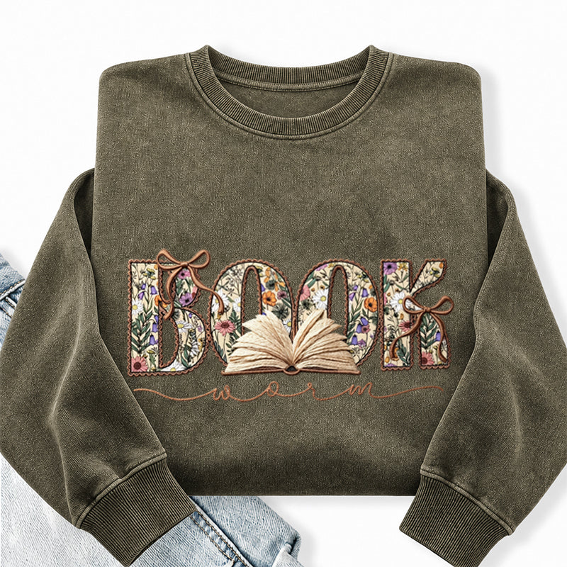 Embroidered Boho Wildflower Bookworm Washed Crewneck Sweatshirt