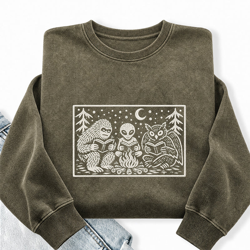 Embroidered Cryptid Book Club Washed Crewneck Sweatshirt