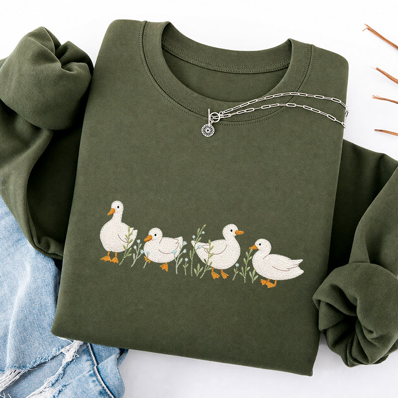 Embroidered Floral Ducks Classic Crewneck Sweatshirt