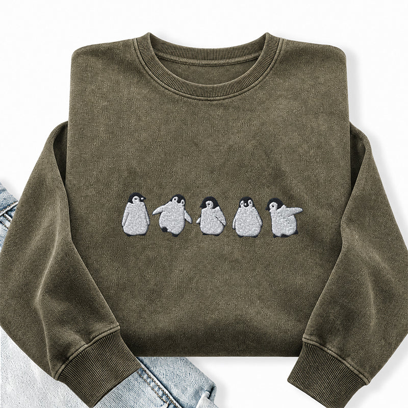 Embroidered Cute Penguins Washed Crewneck Sweatshirt