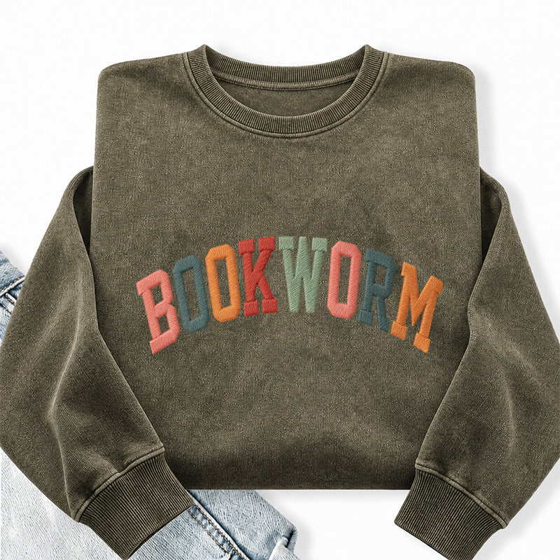 Embroidered Colorful Bookworm Washed Crewneck Sweatshirt
