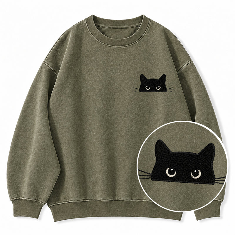 Embroidered Peeking Black Cat Washed Crewneck Sweatshirt