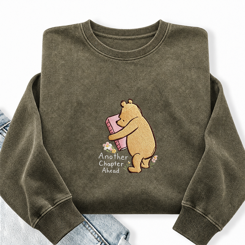Embroidered Reading Bear Another Chapter Washed Crewneck Sweatshirt