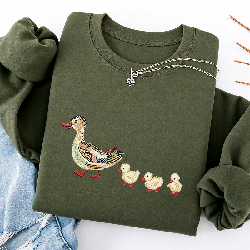 Embroidered Art Mama Duck And Ducklings Classic Crewneck Sweatshirt