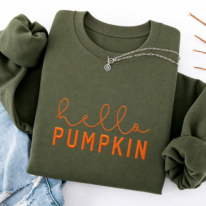 Embroidered Hello Pumpkin Classic Crewneck Sweatshirt