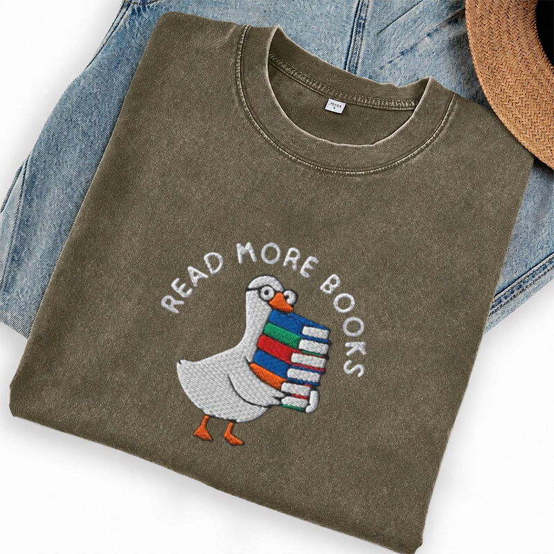 Embroidered Goose Read More Books Washed Crew Neck T-Shirt