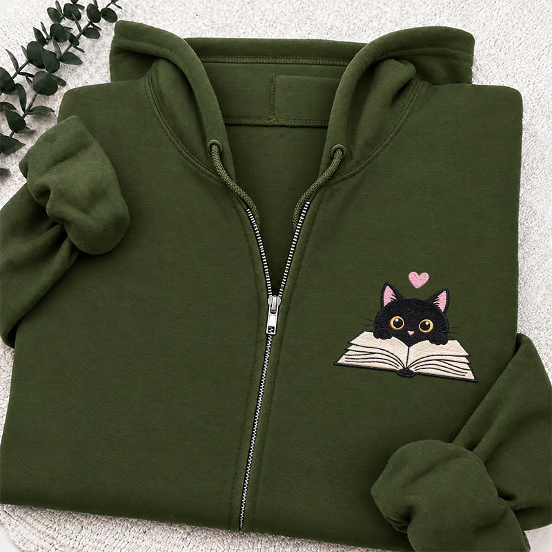 Embroidered Reading Black Cat Classic Adult Unisex Full Zip Hoodie