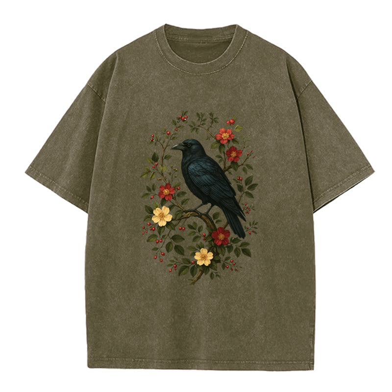 Gothic Cottagecore Raven Washed Crew Neck T-Shirt