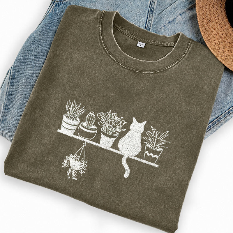 Embroidered Cats And Plants Washed Crew Neck T-Shirt