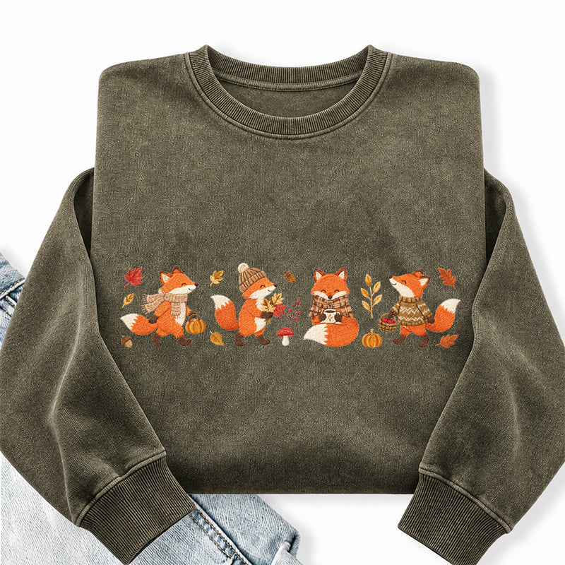 Embroidered Fall Fox Washed Crewneck Sweatshirt