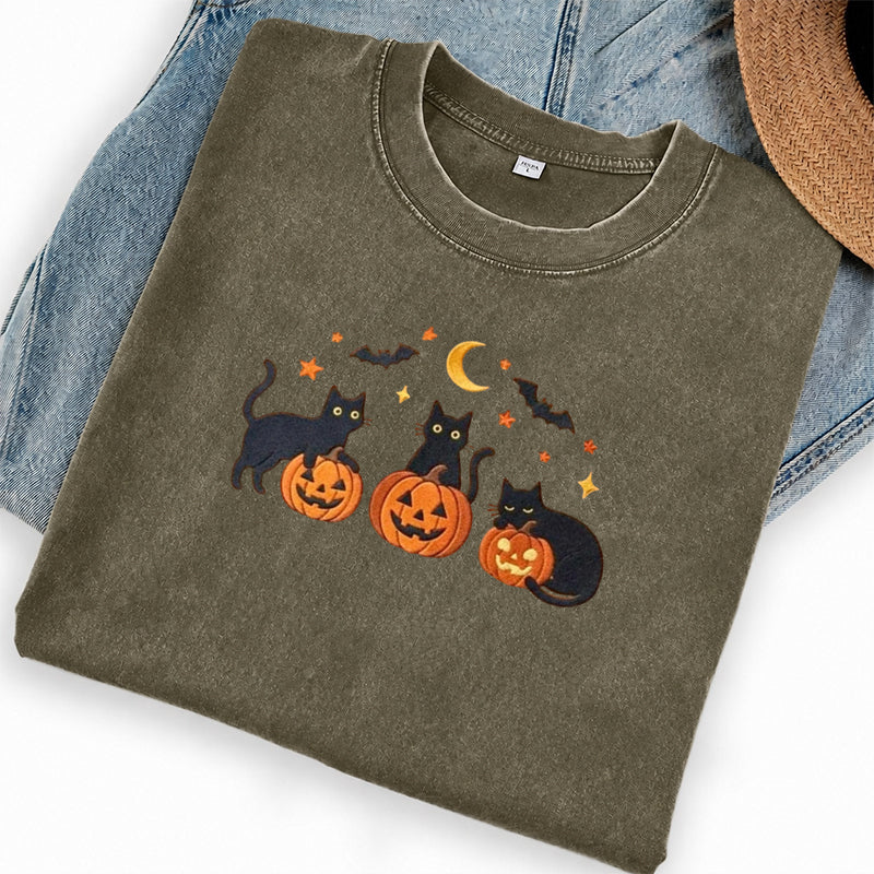 Embroidered Black Cats and Pumpkin Halloween Washed Crew Neck T-Shirt
