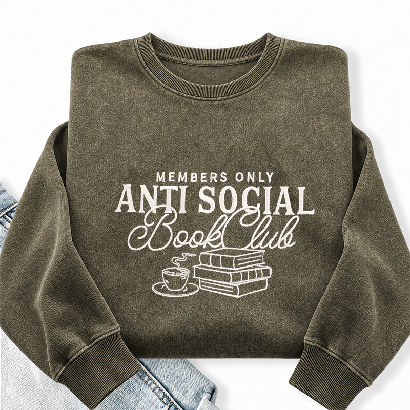 Embroidered Anti-Social Book Club Washed Crewneck Sweatshirt