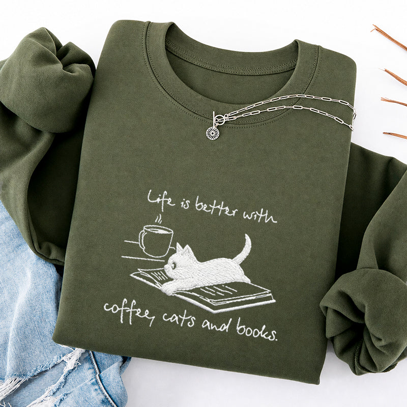 Embroidered Life Is Better With Coffee Book Cat Classic Crewneck Sweatshirt
