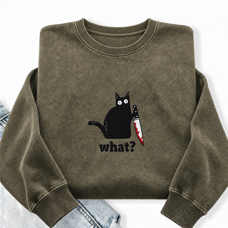 Embroidered Black Cat What Washed Crewneck Sweatshirt