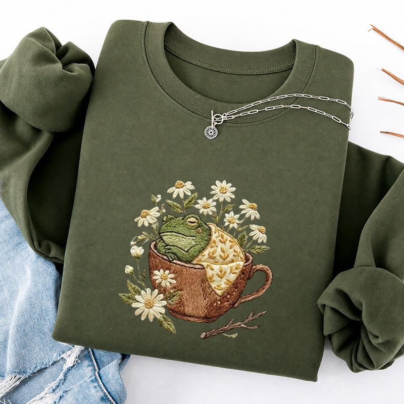 Embroidered Frog in Teacup Classic Crewneck Sweatshirt