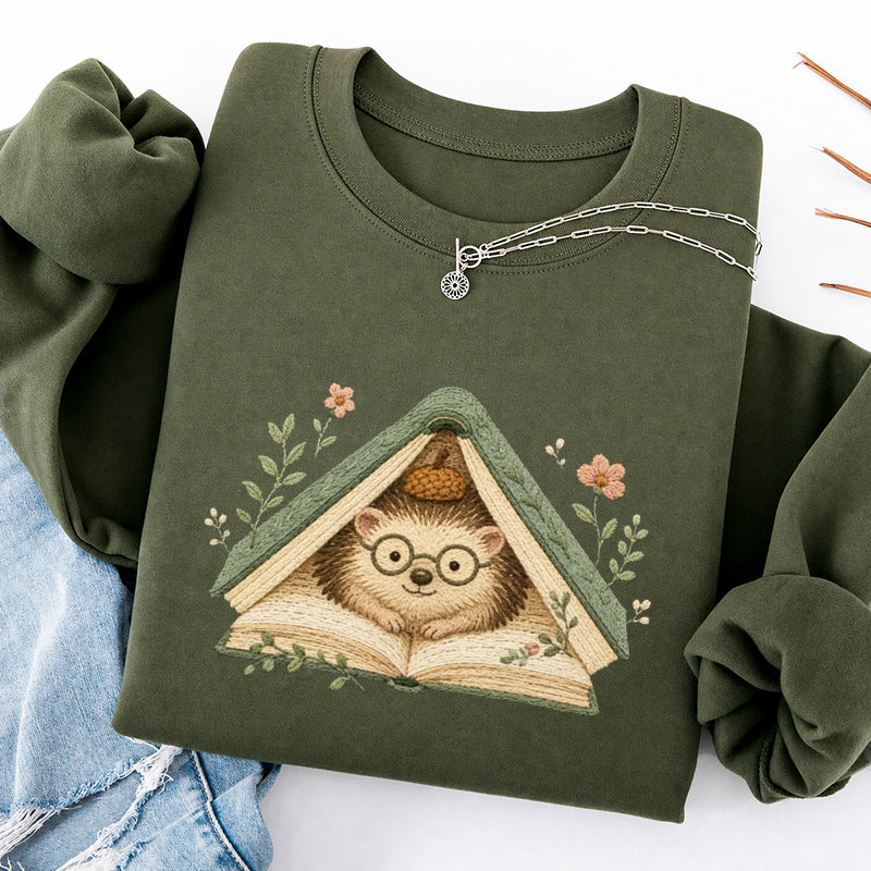 Embroidered Hedgehog Book Flower Classic Crewneck Sweatshirt