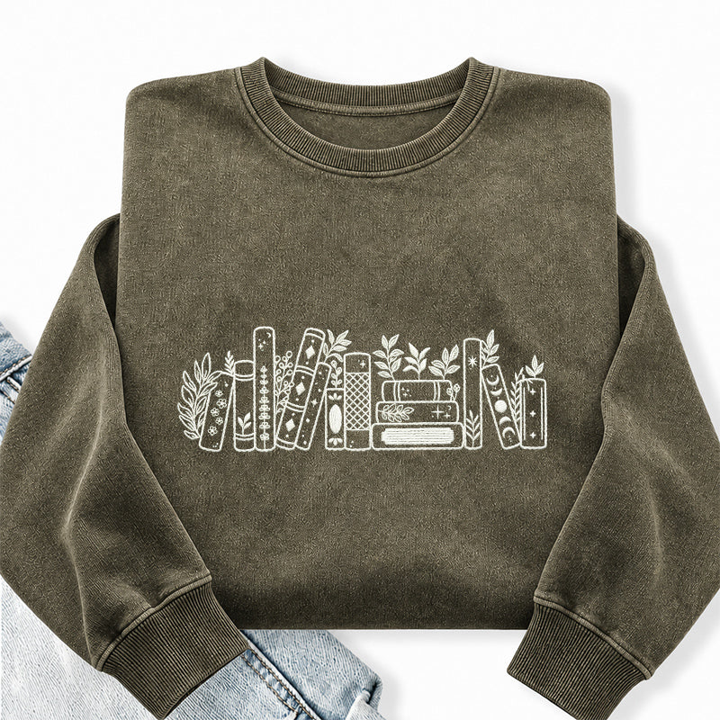 Embroidered Flower Book Washed Crewneck Sweatshirt