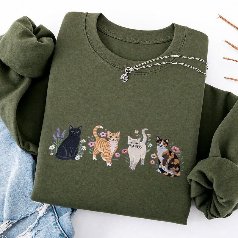Embroidered Cats And Flowers Classic Crewneck Sweatshirt