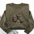 Embroidered Black Cat Christmas Washed Crewneck Sweatshirt