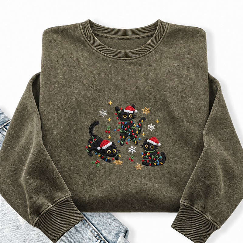 Embroidered Black Cat Christmas Washed Crewneck Sweatshirt