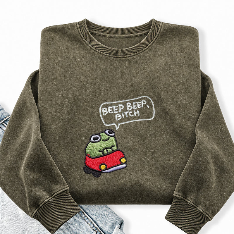 Embroidered Funny Cottagecore Frog Washed Crewneck Sweatshirt
