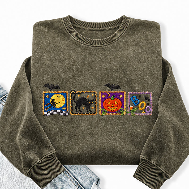 Embroidered Retro Halloween Washed Crewneck Sweatshirt