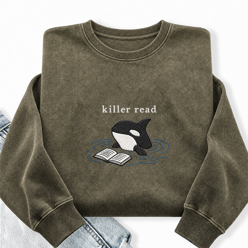 Embroidered Killer Read Orca Washed Crewneck Sweatshirt