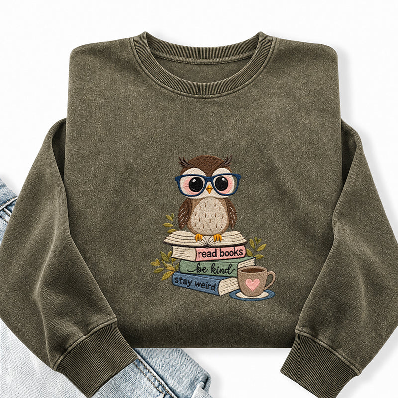 Embroidered Read Books Be Kind Owl Washed Crewneck Sweatshirt