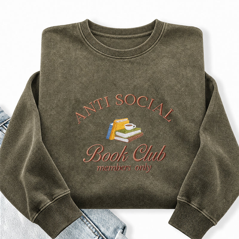 Embroidered Anti Social Book Club Washed Crewneck Sweatshirt