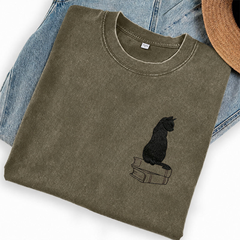 Embroidered Black Cat On Books Washed Crew Neck T-Shirt