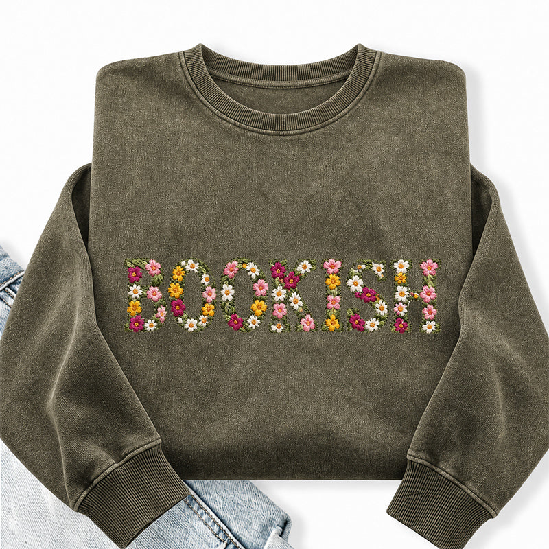 Embroidered Floral Bookish Washed Crewneck Sweatshirt