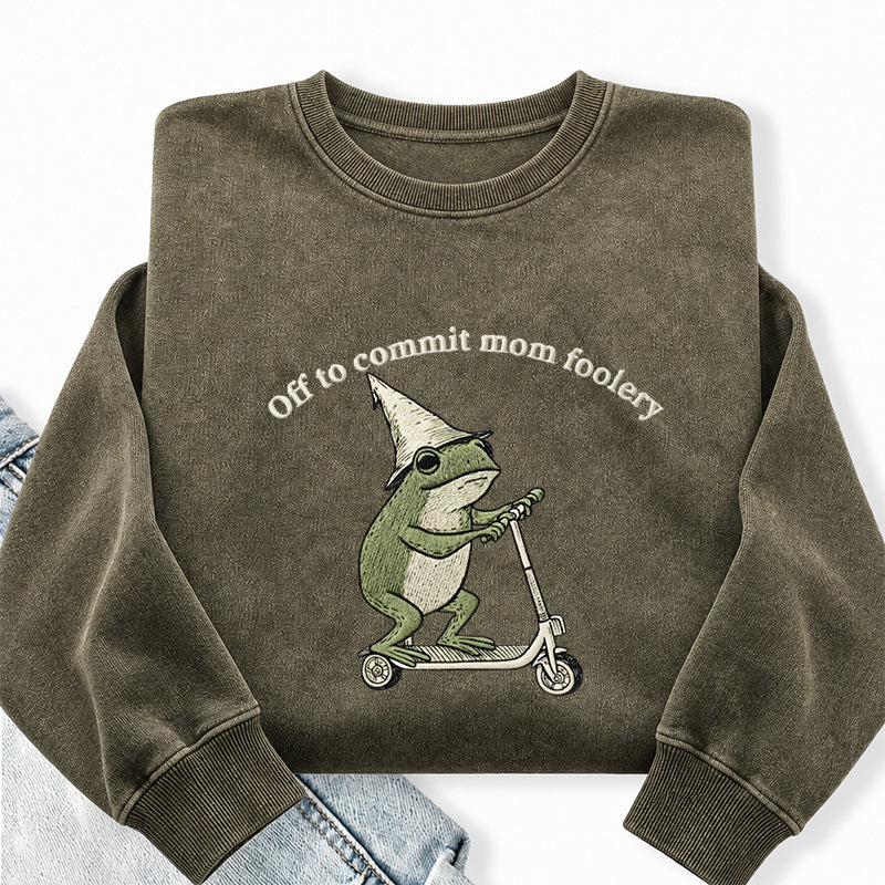 Embroidered Off To Commit Mom Foolery Washed Crewneck Sweatshirt
