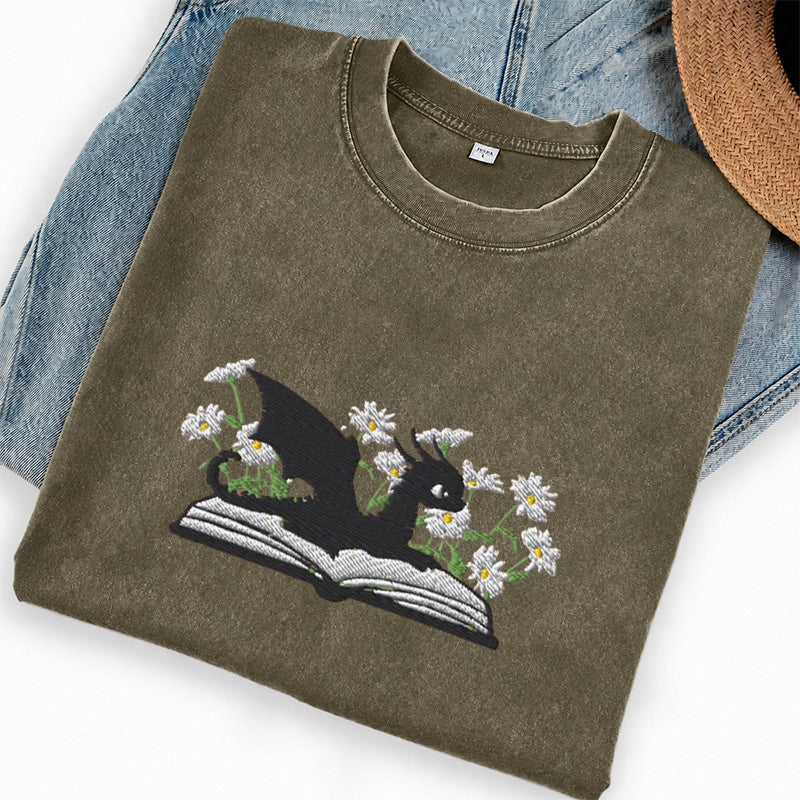 Embroidered Floral Dragon Book Washed Crew Neck T-Shirt