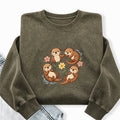 Embroidered Sea Otters And Flowers Washed Crewneck Sweatshirt