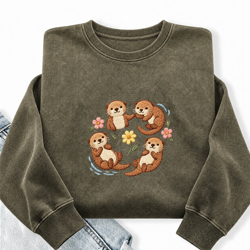 Embroidered Sea Otters And Flowers Washed Crewneck Sweatshirt