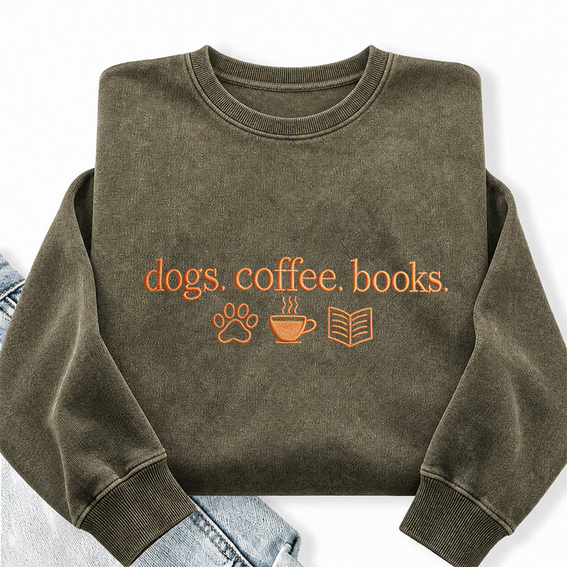 Embroidered Dogs Coffee Books Washed Crewneck Sweatshirt