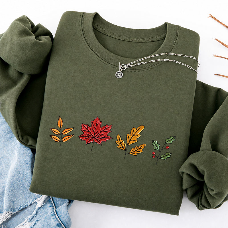 Embroidered Colorful Fall Leaves Classic Crewneck Sweatshirt