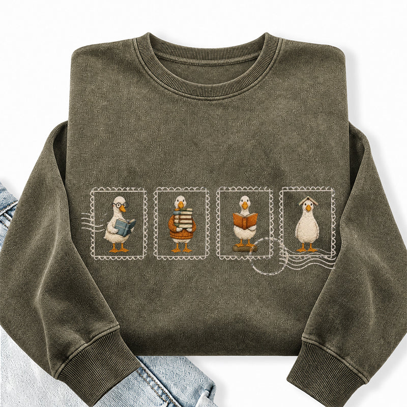 Embroidered Silly Goose Reading Washed Crewneck Sweatshirt