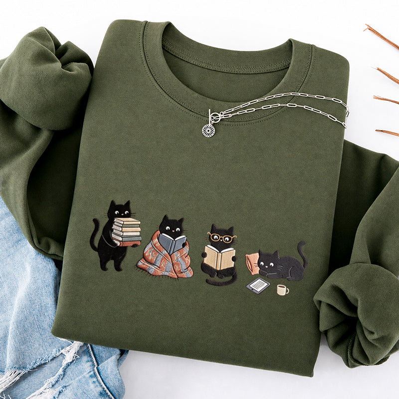 Embroidered Bookish Black Cats Classic Crewneck Sweatshirt