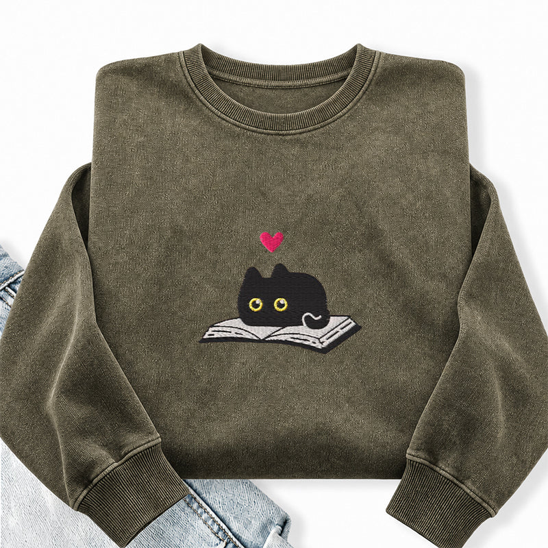 Embroidered Black Cat And Book Washed Crewneck Sweatshirt