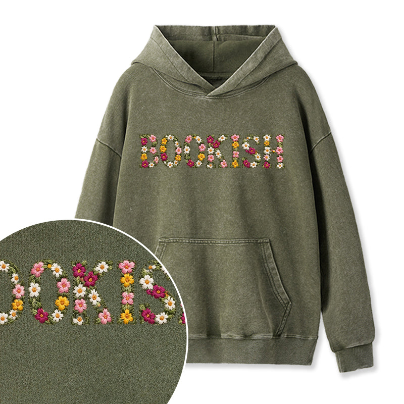Embroidered Floral Bookish Washed Hoodie